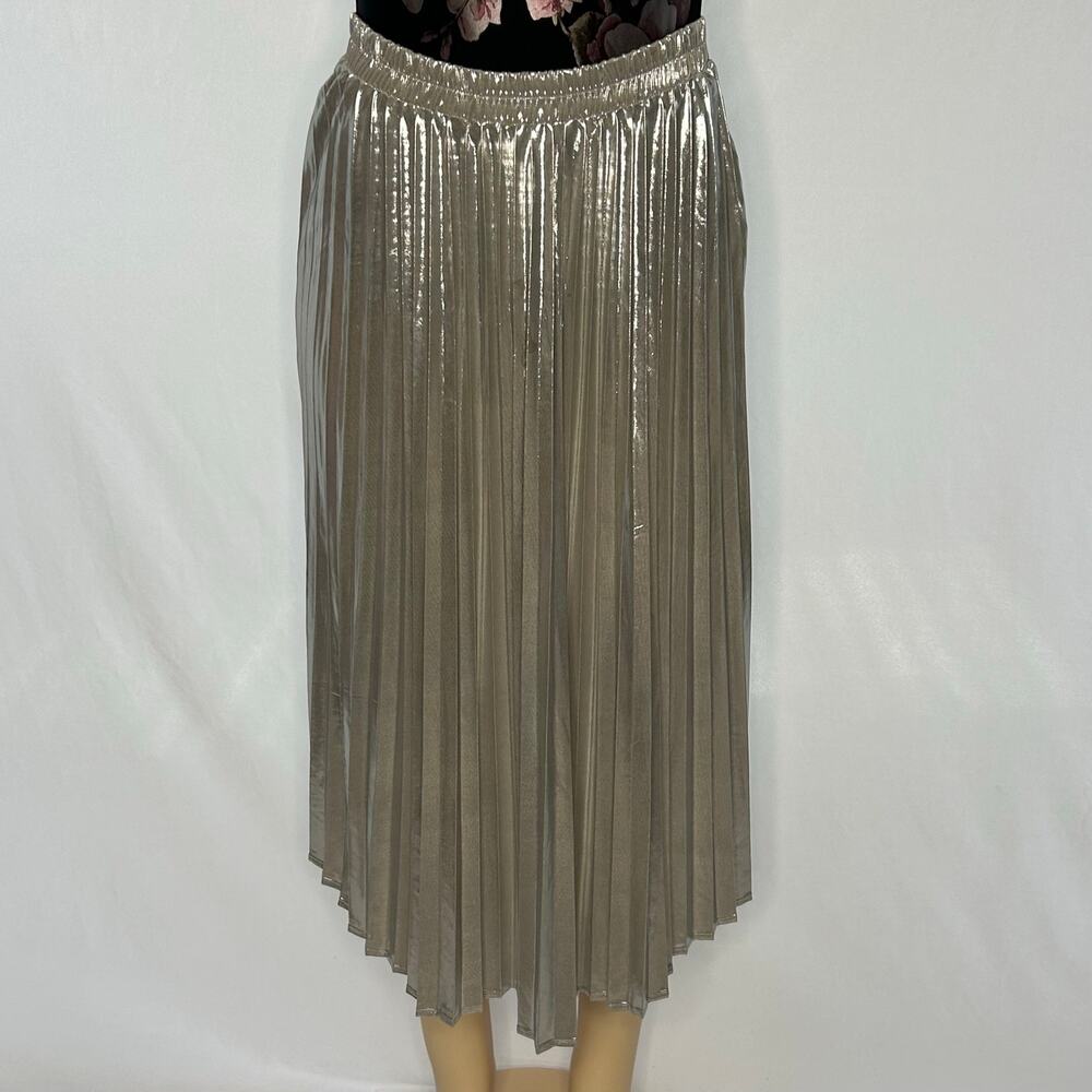 Tulle Metallic Pleated Midi Skirt Champagne Silver Shimmer Elastic Waist M